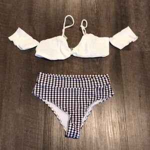 Zaful White Off-Shoulder Top with Black and White Check High-Waist Bikini Bottom